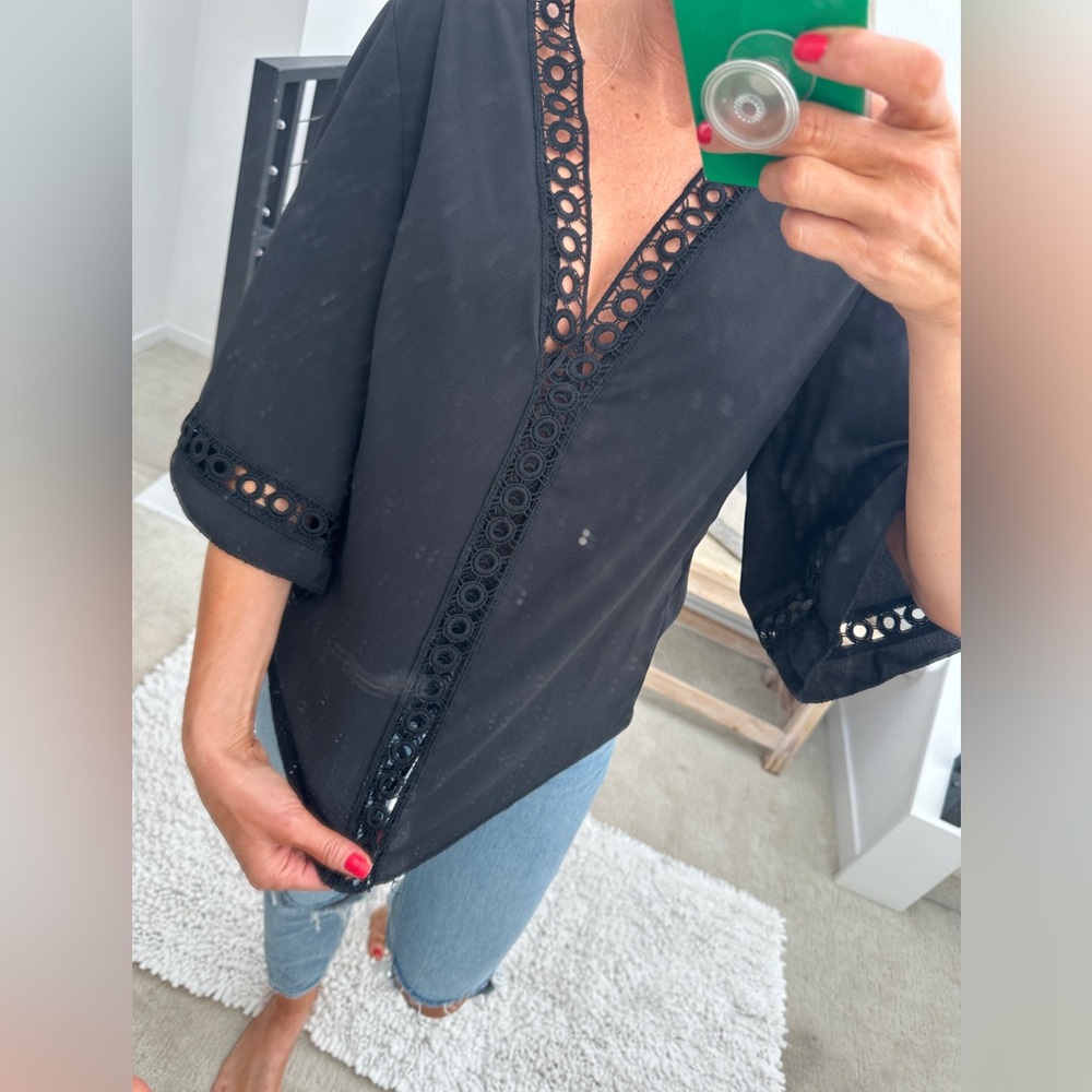 Black Lace Trim Blouse Womens Boho Chic Flowy Top Date Night Casual | Size S - Picture 5 of 13